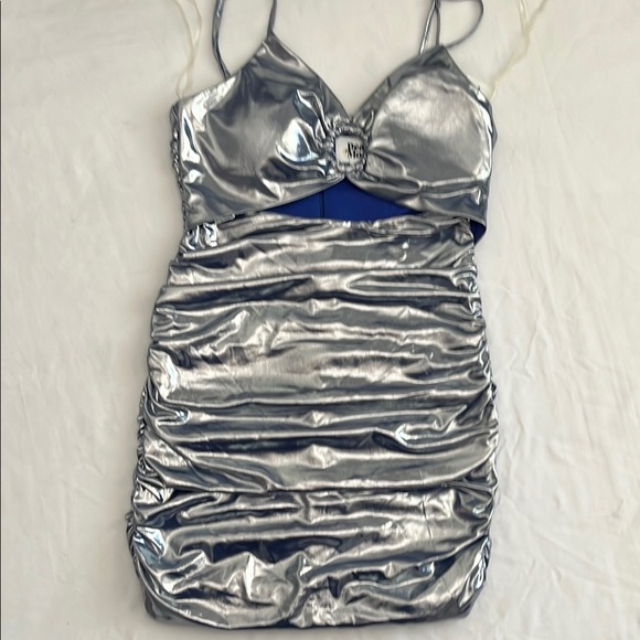 Silver Metallic Ruched Mini Dress - Picture 1 of 9